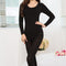 Women Autumn Winter Lace Round Neck Thermal Underwear Pajama Set - Black