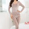 Women Autumn Winter Lace Round Neck Thermal Underwear Pajama Set - Khaki