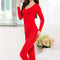 Women Autumn Winter Lace Round Neck Thermal Underwear Pajama Set - Red