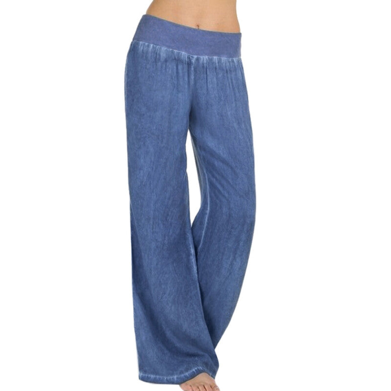 Women Casual High Waist Wide Leg Trousers - Blue