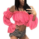 Women Chiffon Long Sleeves Ruffles Top - Pink