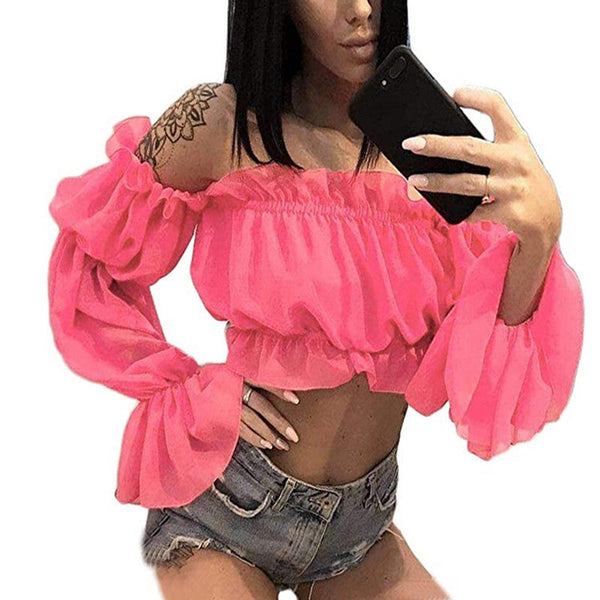 Women Chiffon Long Sleeves Ruffles Top - Pink