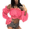 Women Chiffon Long Sleeves Ruffles Top - Pink