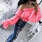 Women Chiffon Long Sleeves Ruffles Top - Pink