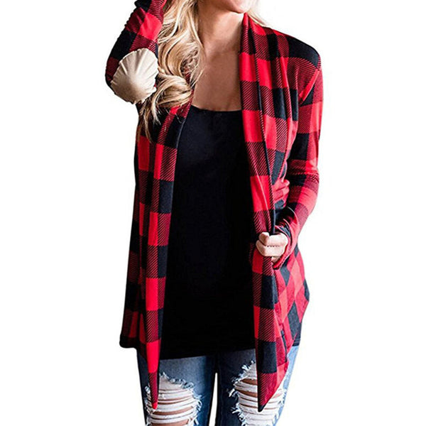 Women Flannel Long Sleeve Loose Cardigan Blouse - Red