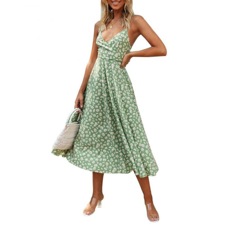 Women Floral V-neck Sleeveless Dress - Green