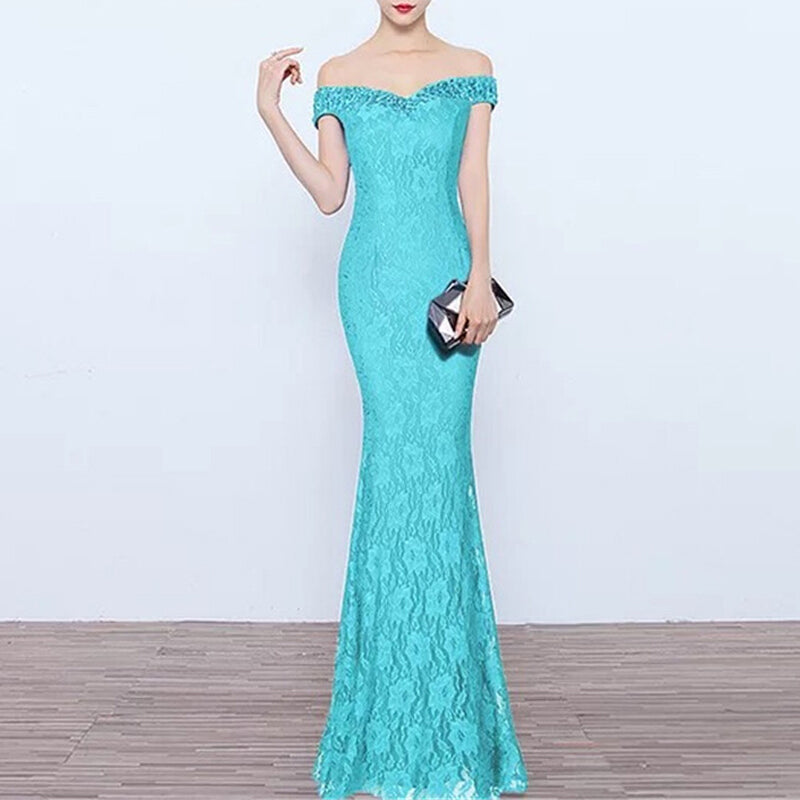 Women Formal Off Shoulder Evening Dress - Aqua Green