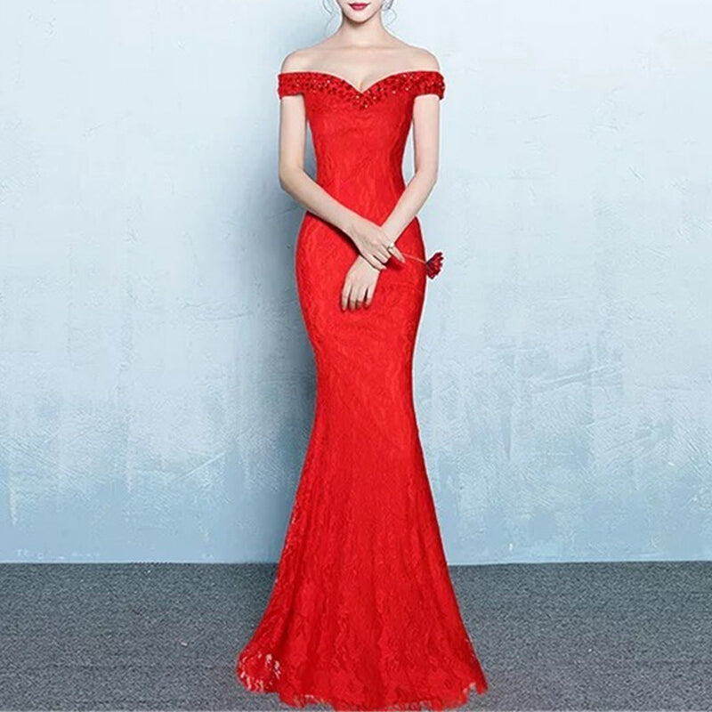 Women Formal Off Shoulder Evening Dress - Red