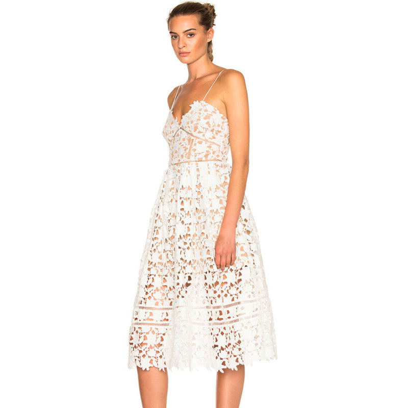 Women Lace Hollow Out Nude Illusion Party Dress - White