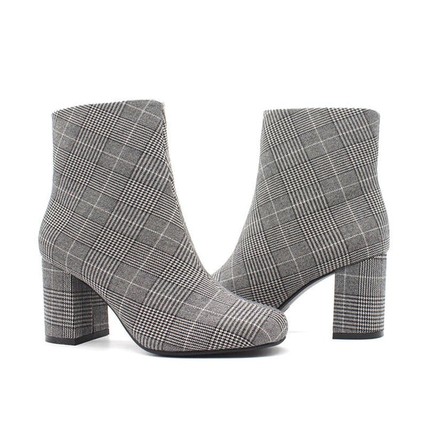 Women Lattice Printing Fabric Boots - Dark Grey