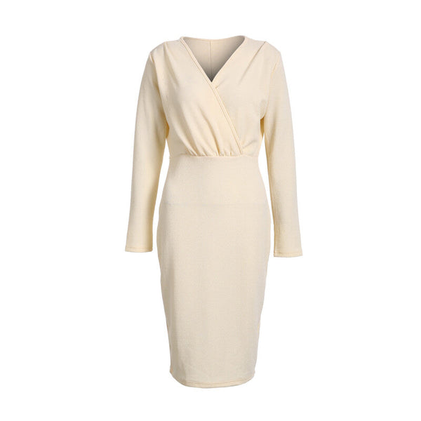 Women Long Sleeve Bodycon Casual Dress - Beige