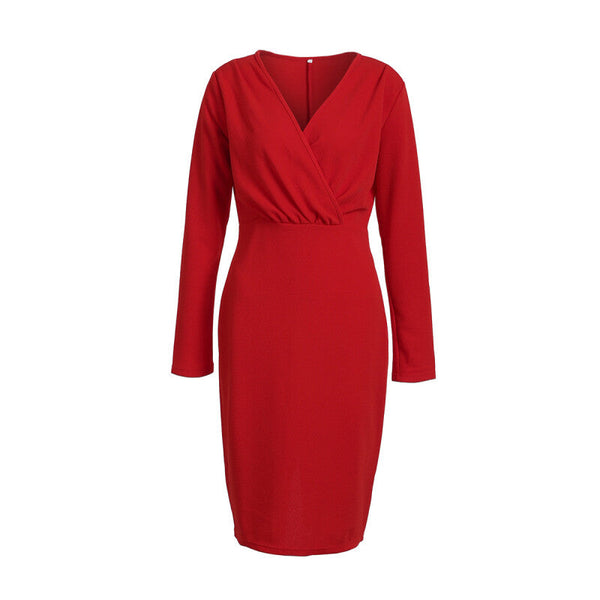 Women Long Sleeve Bodycon Casual Dress - Red