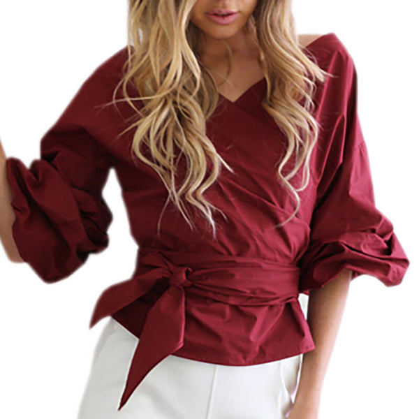 Women Off Shoulder Cross Blouse - Wine Red