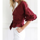 Women Off Shoulder Cross Blouse - Wine Red