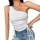 Women One-Shoulder Ruched Crop Tank Top - White