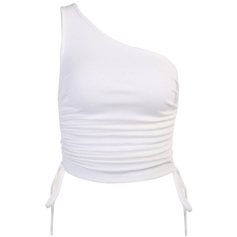 Women One-Shoulder Ruched Crop Tank Top - White