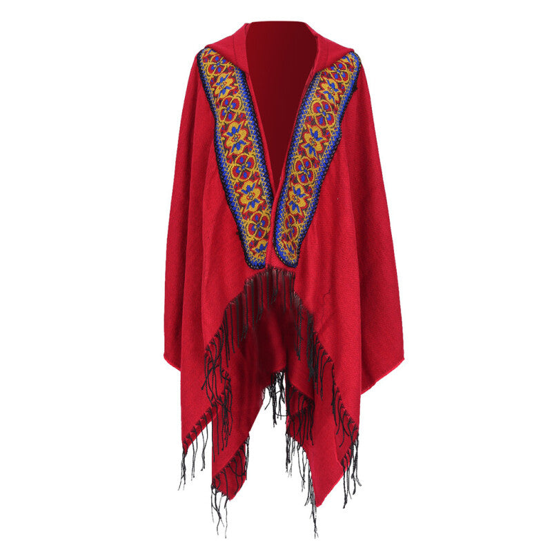 Women Open Front Blanket Hooded Sweater Cape Shawl - Red