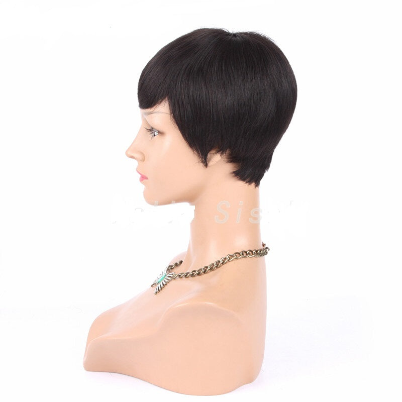 Women Pixie Cut Lace Human Hair Wig - Black