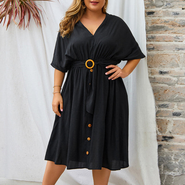 Women Plus Size V-Neck Short Sleeve Dress - Black