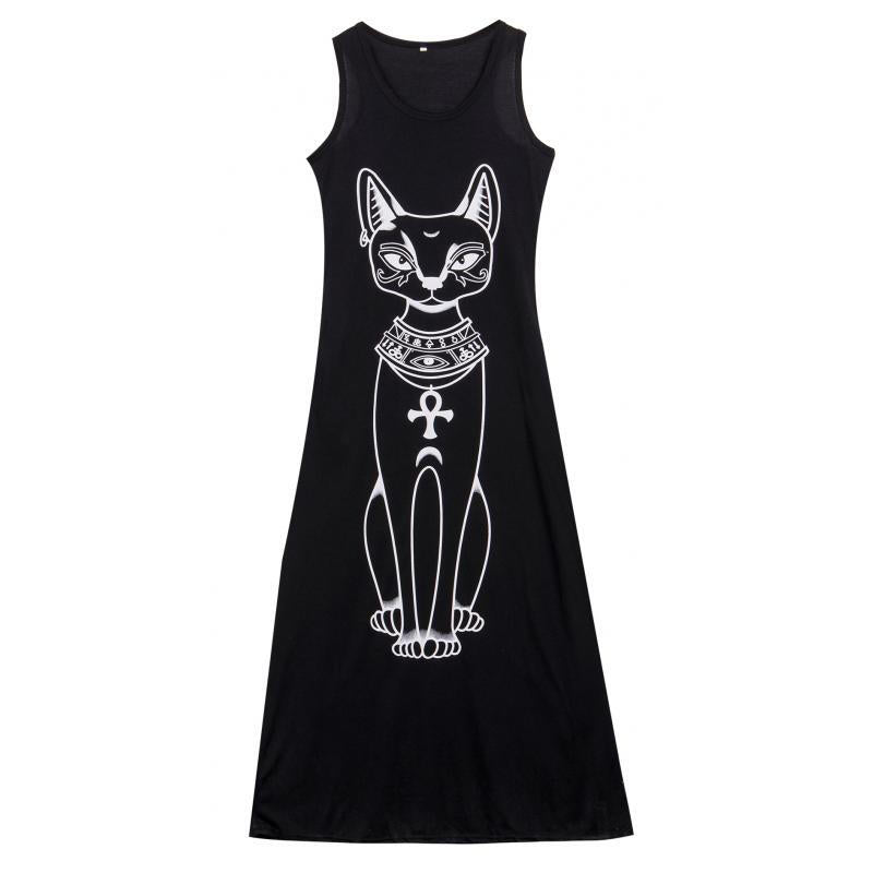 Women Sexy Cat Pattern Long Maxi Dress - Black