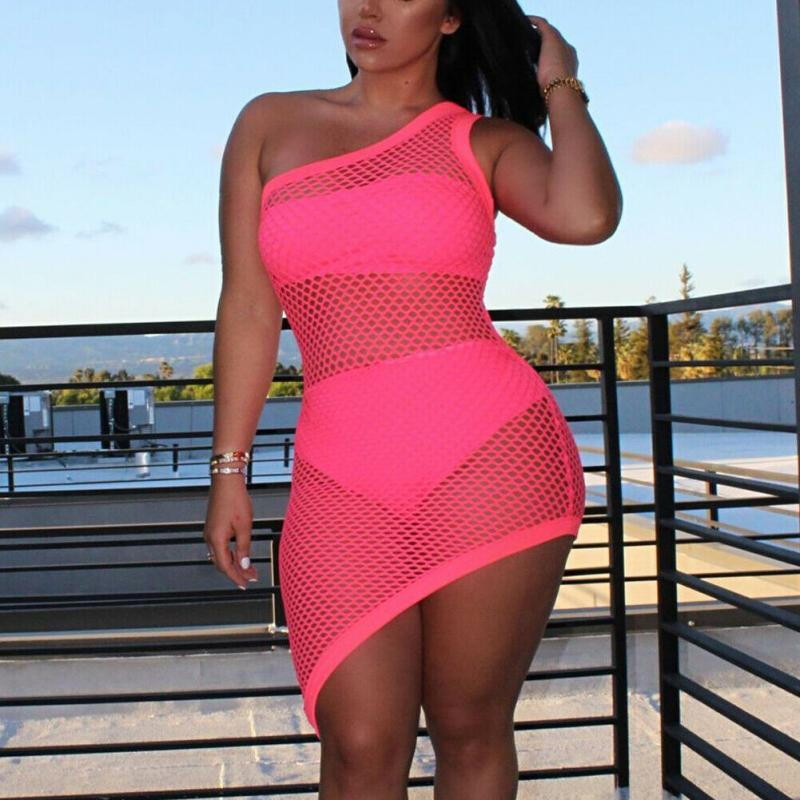 Women Sheer Mesh Swimwear Cover Up Beach Dress - Pink