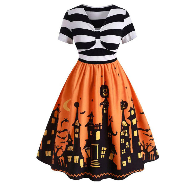 Women Short Sleeve Halloween Dress - Orange