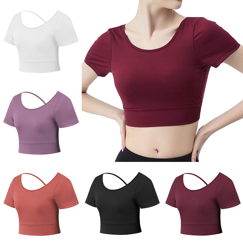 Women Sports Short Sleeve Yoga Crop Tops - Black