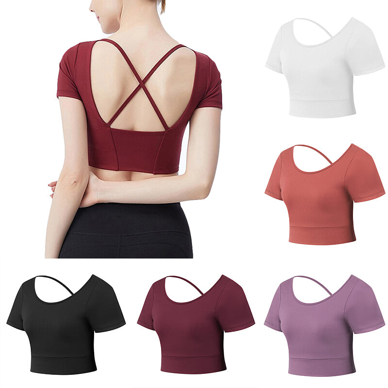 Women Sports Short Sleeve Yoga Crop Tops - Purple