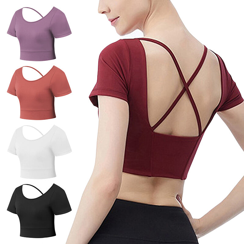 Women Sports Short Sleeve Yoga Crop Tops - Pink