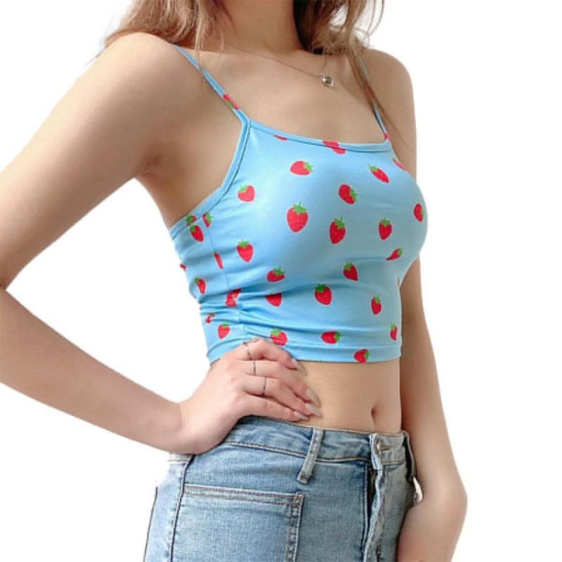 Women Strawberry Print Backless Top - Blue