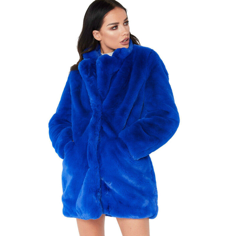 Women Style Faux Fur Parka Hooded Coat - Blue