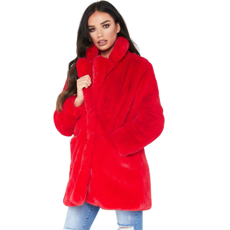 Women Style Faux Fur Parka Hooded Coat - Red