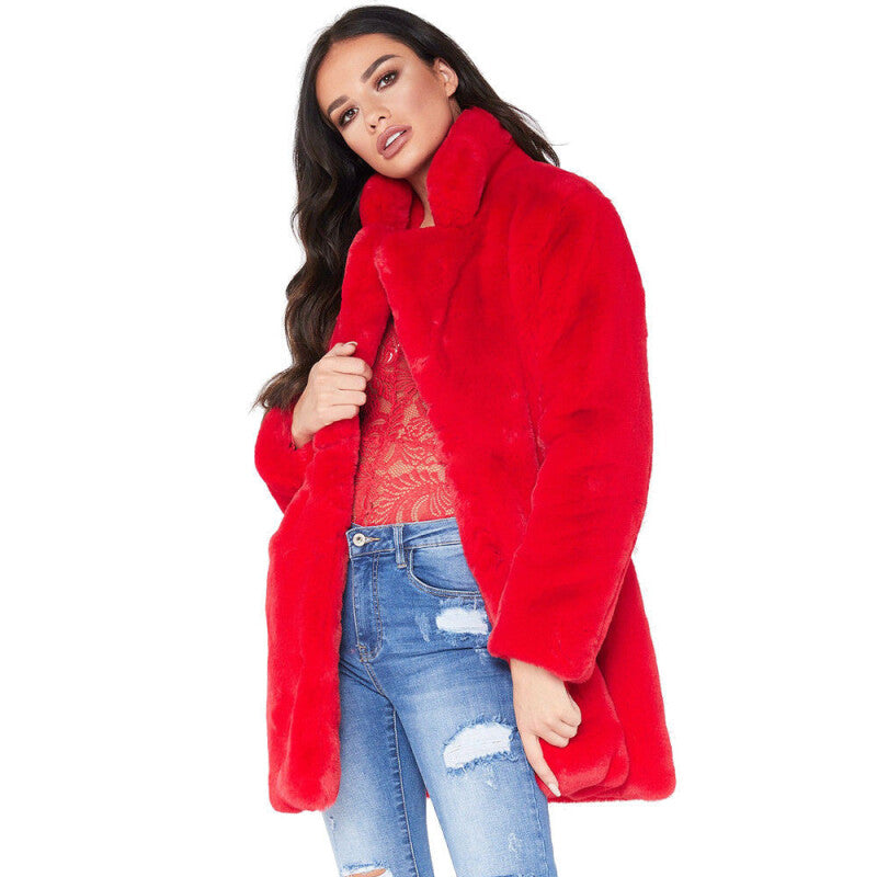 Women Style Faux Fur Parka Hooded Coat - Red