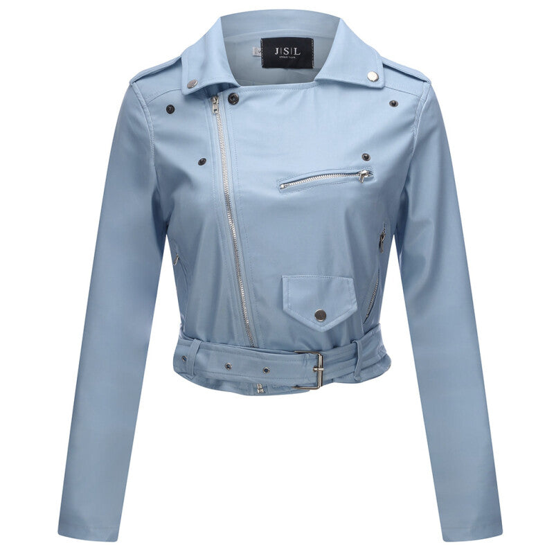 Women Style Leather Motorcycle Jacket - Blue