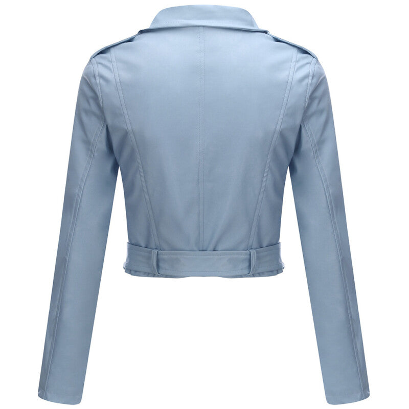 Women Style Leather Motorcycle Jacket - Blue