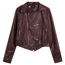 Women Style Leather Motorcycle Jacket - Wine Red