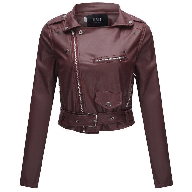 Women Style Leather Motorcycle Jacket - Wine Red