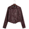 Women Style Leather Motorcycle Jacket - Wine Red