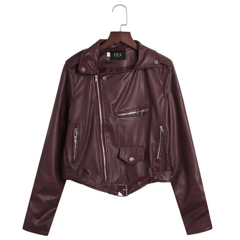 Women Style Leather Motorcycle Jacket - Wine Red