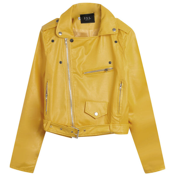 Women Style Leather Motorcycle Jacket - Yellow