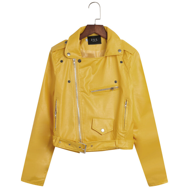 Women Style Leather Motorcycle Jacket - Yellow