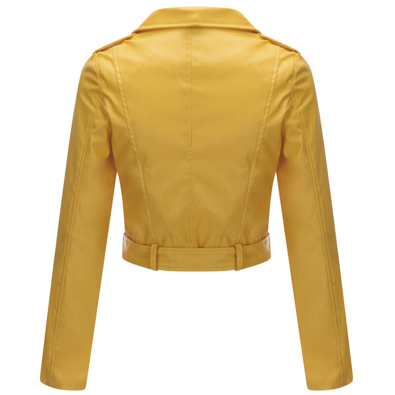 Women Style Leather Motorcycle Jacket - Yellow