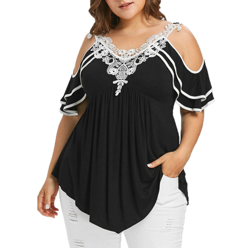 Women Stylish Plus Size Tiered Lace Top - Black