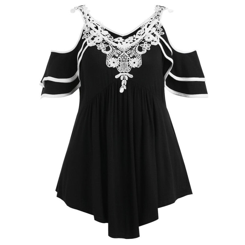 Women Stylish Plus Size Tiered Lace Top - Black