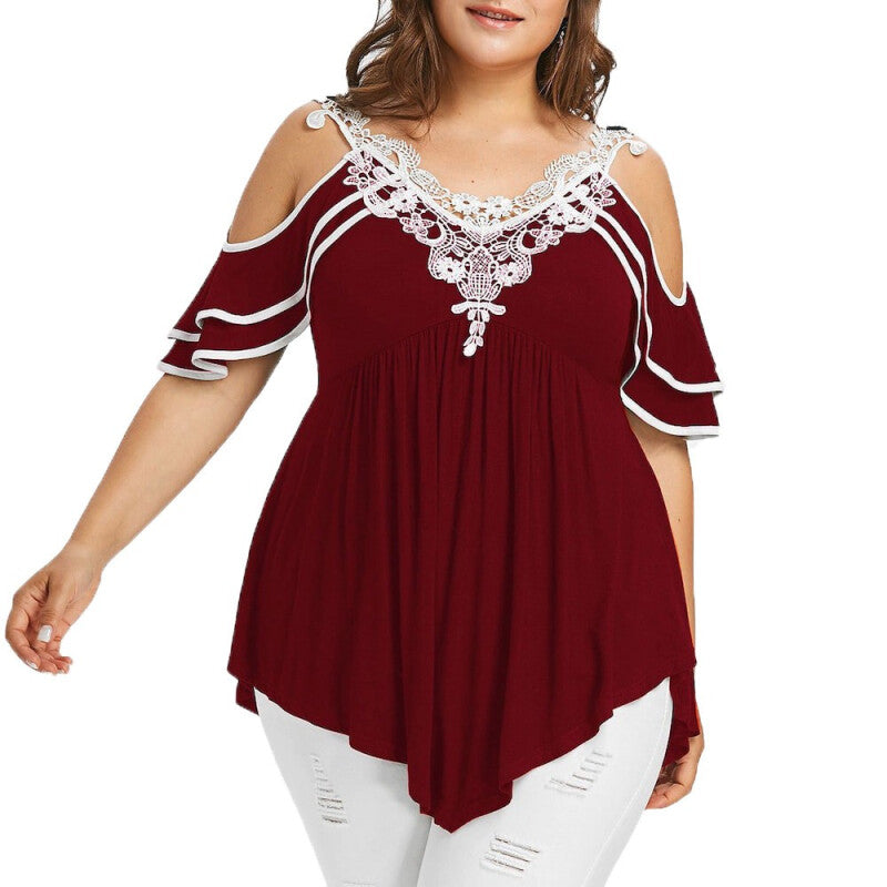 Women Stylish Plus Size Tiered Lace Top - Wine Red