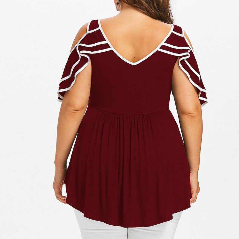 Women Stylish Plus Size Tiered Lace Top - Wine Red