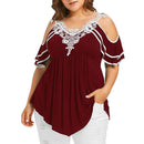 Women Stylish Plus Size Tiered Lace Top - Wine Red