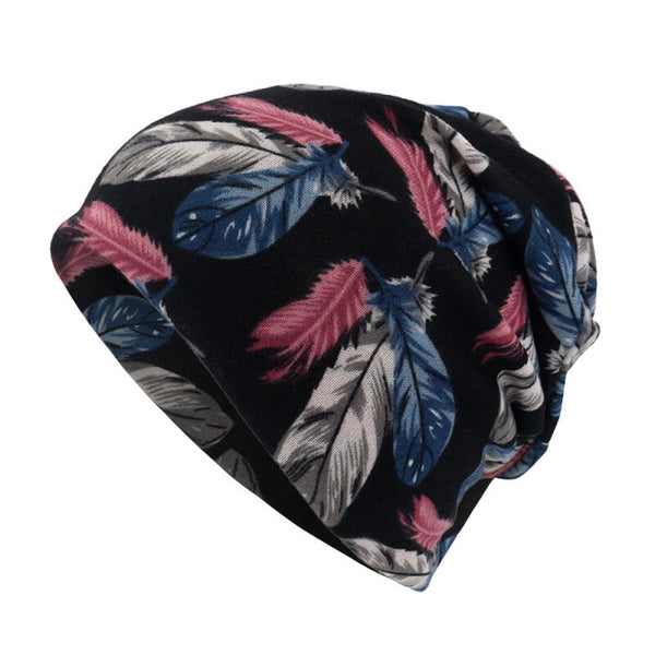 Women Tailored Feather Print Beanie Cap - Black