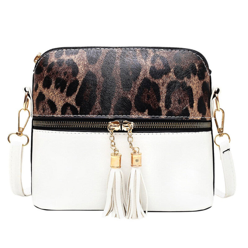 Women Tassel Leopard Printing Hand Bag - White