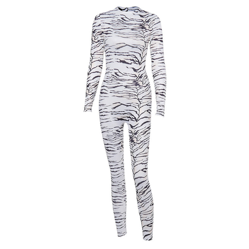 Women Tiger Print Jumpsuit Bodycon - White